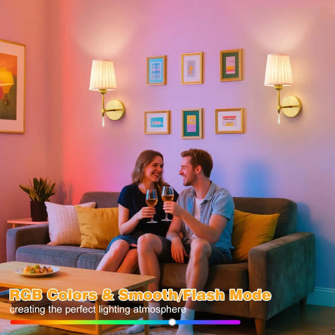 Gold Cordless Wall Sconces Set Of Two Battery Operated Rechargeable Dimmable Led Lamps With Fabric Shades, illuminating a cozy living room.