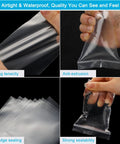 Collage showing 1.5 By 1.5 Inch Clear Plastic Reclosable Zip Bags 2 Mil Thick Pack Of 100 with strong tenacity and sealability.