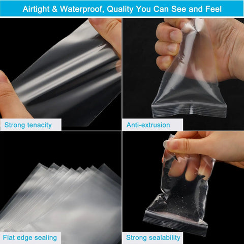 Collage showing 1.5 By 1.5 Inch Clear Plastic Reclosable Zip Bags 2 Mil Thick Pack Of 100 with strong tenacity and sealability.