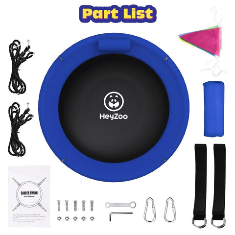 Part list for Blue 48 Inch Saucer Tree Swing with straps, 600 lb weight capacity, includes hardware and elastic fabric for comfort.