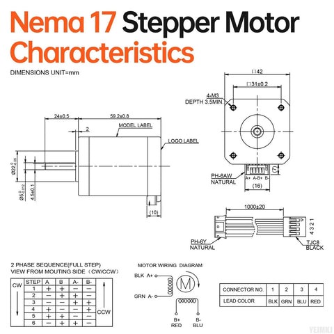 Nema 17 stepper motor technical diagram showing 42×60 mm dimensions, 4‑lead bipolar wiring, and connector layout.