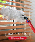 Heavy Duty Dusting Kit With Extendable 3 Ft Handle And Stay On Duster Hook Includes 3 Disposable Refills Traps 3X More Dust Than Feather Dusters Pro Grade Flexible Cleaning Fibers For Home Or Garage Cleanups shown on window blinds.