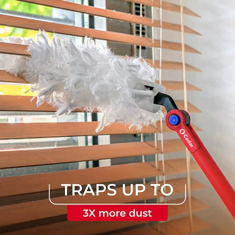 Heavy Duty Dusting Kit With Extendable 3 Ft Handle And Stay On Duster Hook Includes 3 Disposable Refills Traps 3X More Dust Than Feather Dusters Pro Grade Flexible Cleaning Fibers For Home Or Garage Cleanups shown on window blinds.