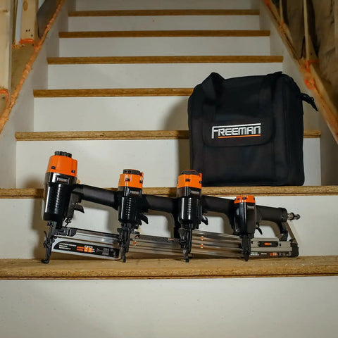 Pro Grade Pneumatic Finishing Nailer And Stapler Kit With Bag And Fasteners Four Tool Set displayed on stairs