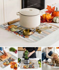 Fall Thanksgiving Dish Drying Mat Set With Pumpkin And Sunflower Pattern, Wood Grain Look, Absorbent Microfiber, Machine Washable, 16 X 18 Inches, Two Pieces For Kitchen Countertop Use, shown with kitchen utensils and vegetables