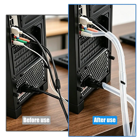 Before and after using White Spiral Cable Wrap 1 Inch Diameter 6.56ft Length Durable Flexible Cable Protector Sleeve for PC wiring.