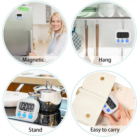 Bulk 12 Pack Digital Kitchen Timers with Magnetic Mounts, Count Up And Countdown Timers, large digits, white finish in use