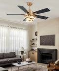 52 Inch Ceiling Fan With Light Gold Chandelier, DC Motor, Dimmable LED, Stylish fan in modern living room