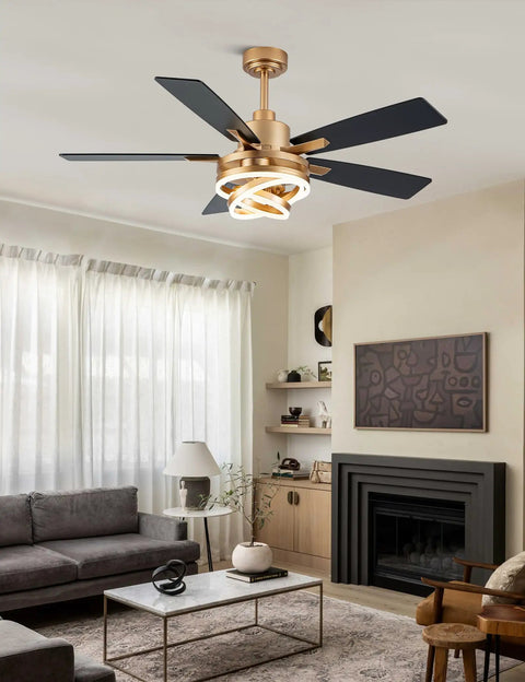 52 Inch Ceiling Fan With Light Gold Chandelier, DC Motor, Dimmable LED, Stylish fan in modern living room