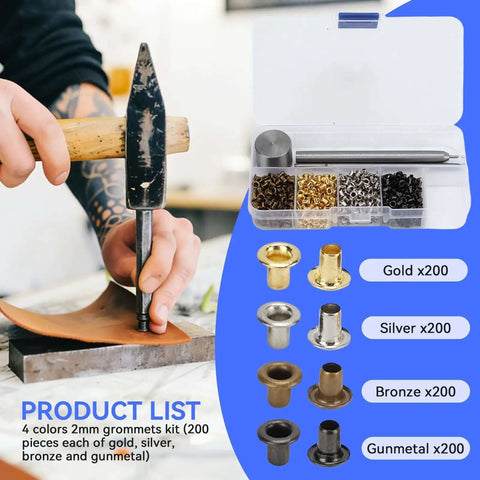 2mm Copper Grommet Kit With Eyelets And Washers In Plastic Storage Box For Shoes Bags Clothes Leather Crafts Paper And DIY Projects All In One Fastener Set For Crafting Enthusiasts displayed with tools and components