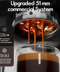Heavy Duty Stainless Steel Espresso Machine Featuring A Clear Visual Pressure Gauge And A Mighty Twenty Bar Pump Pulling Straight Fire Shots With Knockout Quality Crema Daily, showcasing 51mm brew head and rich espresso streaming.