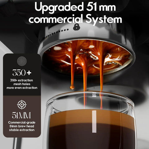 Heavy Duty Stainless Steel Espresso Machine Featuring A Clear Visual Pressure Gauge And A Mighty Twenty Bar Pump Pulling Straight Fire Shots With Knockout Quality Crema Daily, showcasing 51mm brew head and rich espresso streaming.