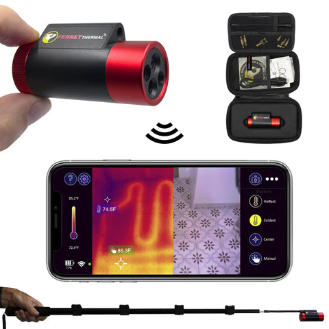 Thermal Wireless Imaging Camera with 640x480 TISR Resolution, phone app display and rod attachment for inspections.