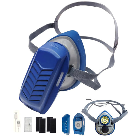 Front view of Mini Powered Respirator With Fan Assisted Breathing Boost For Dust And Fumes Letting You Breathe Easy H13 HEPA And Activated Carbon Filters For Paint Woodworking Construction And DIY