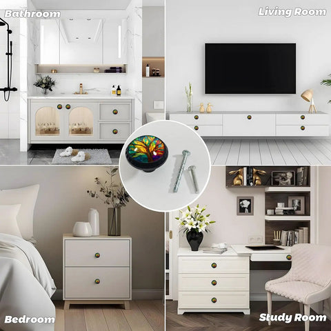 Stained Glass Tree Of Life Cabinet Knobs, 12 Pack, displayed in bathroom, living room, bedroom, and study, with screws.