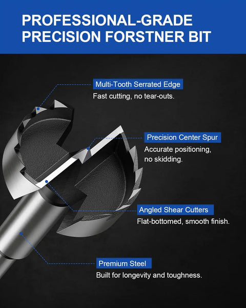 Close-up of Knockout 2 Pack Of Half Inch Forstner Bits With Multi Tooth Heads, showcasing serrated edge and center spur for precision.