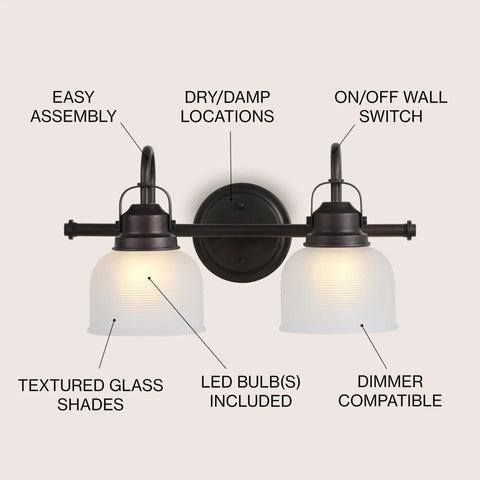 Oil Rubbed Bronze Modern 2 Light LED Bathroom Vanity Light With Clear Glass Bell Shades Wall Sconce For Mirror Hallway Kitchen 5.75 Inch ETL Listed LED Bulbs Included Easy Install with features highlighted