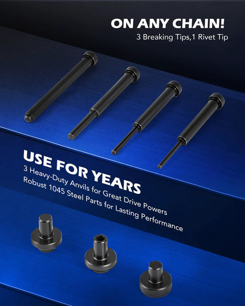Orion Motor Tech 19-piece chain breaker tool kit with black C-frame; four breaking rods and three anvils shown