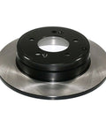 Image of a rear solid brake rotor with electrophoretic coating for rugged corrosion and salt spray resistance premium core tech for tight tolerances and built to last braking performance.