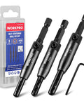 WORKPRO 3-piece self-centering HSS drill bit set with 1/4 in hex shanks; sizes 3/32, 7/64, 1/8 and hex key