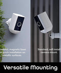 Freebird 2K Wireless Security Camera with magnetic and standard mount on outdoor wall, night vision, and motion detection.