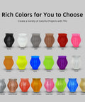 Multiple colored flexible TPU filaments, including black, white, grey, red, pink, and more for 3D printing projects.