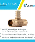 Brass Crimp Reducing Tee For PEX And PE-RT Pipe Systems, 3/4 In X 3/4 In X 1/2 In, Pack Of 10, shown with connection details.