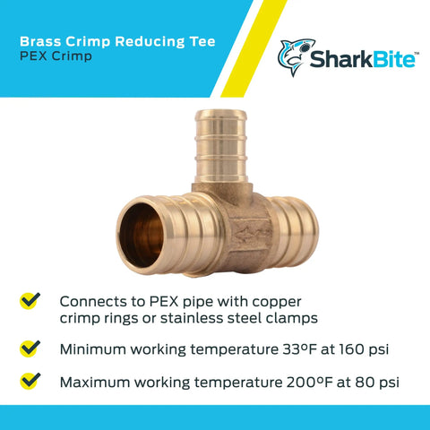 Brass Crimp Reducing Tee For PEX And PE-RT Pipe Systems, 3/4 In X 3/4 In X 1/2 In, Pack Of 10, shown with connection details.