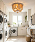 Wood Beaded Chandelier 3 Light Semi Flush Mount Boho Farmhouse Ceiling Light In Oak White Finish in laundry room.