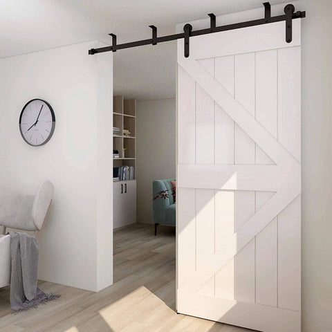 7ft Ceiling Mount Sliding Barn Door Hardware Kit For 42 Inch Wide Wooden Door, installed showing smooth quiet operation