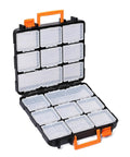 16 Compartment Detachable Toolbox Organizer With Removable Sections And Clear Lid For Easy Sorting Of Screws Bolts Nuts And Small Parts For Diyers And Home Pros Portable Carrying Storage Case With 14 Small Boxes And 2 Large Boxes For Toys, open view showcasing compartments.