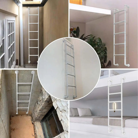 Rock Solid Indoor Bunk Bed Ladder Wall Mounted With Non Slip Round Tube Grip Heavy Duty Metal Loft Bed Access in a dorm room.