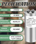 RV Air Conditioner Run Capacitor 45 MFD 370V AC Replacement For Coleman Mach Fan Motors with labeled specifications
