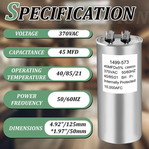 RV Air Conditioner Run Capacitor 45 MFD 370V AC Replacement For Coleman Mach Fan Motors with labeled specifications