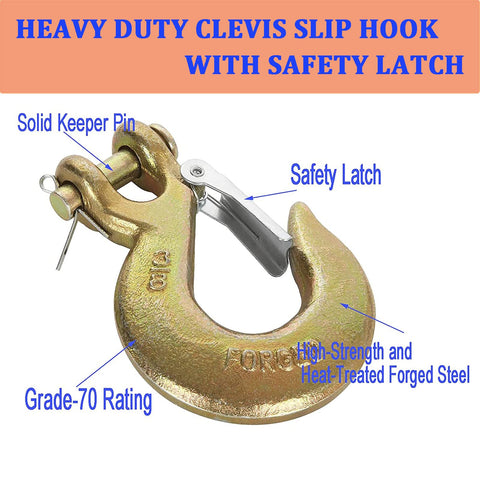 2 Pack Three Eighth Inch Clevis Slip Hooks With Safety Latch G70 Forged Steel Beefy Heavy Duty Tow Hooks Close-Up