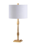 Gold Leaf 29-Inch Geometric Column LED Table Lamp With White Linen Drum Shade, Dope Sleek Transitional Iron Desk Lamp For Living Room And Bedroom, UL Listed, LED Bulb Included