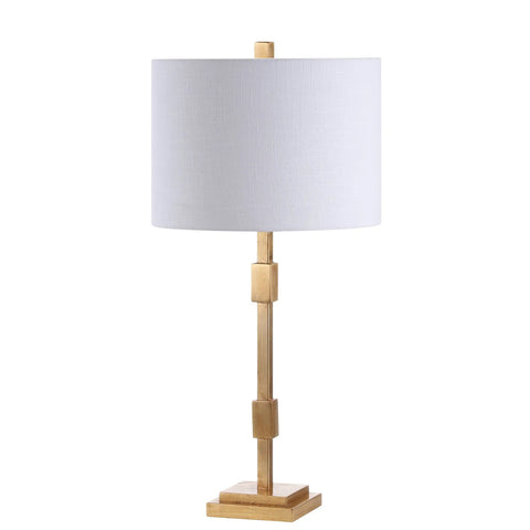 Gold Leaf 29-Inch Geometric Column LED Table Lamp With White Linen Drum Shade, Dope Sleek Transitional Iron Desk Lamp For Living Room And Bedroom, UL Listed, LED Bulb Included