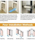 Installation methods for No Hassle Heavy Duty 180 Degree Lateral Hinge Set For Cabinets And Wardrobes with images of door openings.
