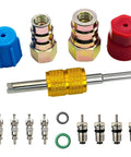 AC Retrofit Fitting Adapter Kit For R12 And R22 To R134A showing components including couplers, caps, cores, and tools.