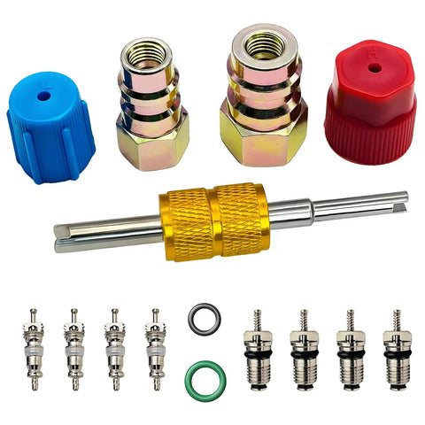 AC Retrofit Fitting Adapter Kit For R12 And R22 To R134A with couplers, caps, cores, tool