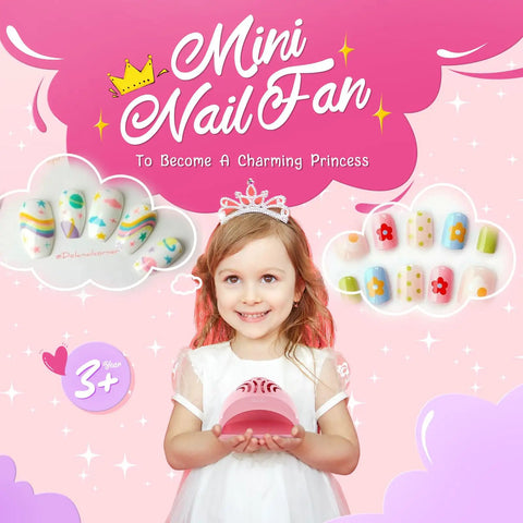 Young girl holding Portable Kids Nail Dryer Mini Nail Fan Quick Dryer for Water Based Nail Polish Safe For Hands And Skin Cordless Battery Operated Painless Cool Drying Great Gift For Girls Stocking Stuffers against pink background.
