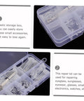 Eyeglass Repair Tool Kit With Nose Pads And Tiny Screws For Quick Eyewear Maintenance, shown in plastic storage box with compartments.