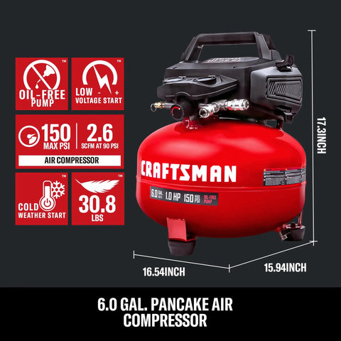 Craftsman 6 Gallon Oil Free Pancake Air Compressor delivering 150 PSI With 10 Piece Accessory Kit. This Reliable Compact Unit Features A One Horsepower Motor For Fast Recovery And Steady Airflow Perfect For Nailing Stapling And Inflation Around The