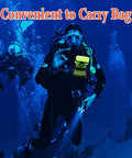 Diver underwater with All In One Dive Gear Bag With Mesh Storage Pocket in bright fluorescent yellow attached to gear.