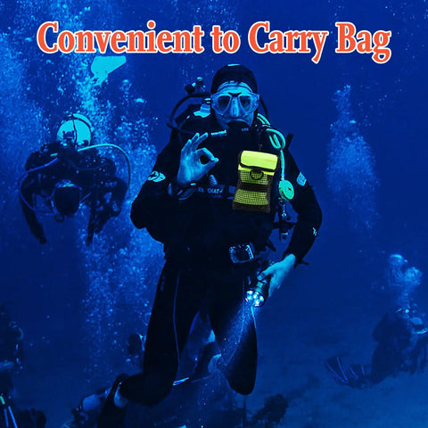 Diver underwater with All In One Dive Gear Bag With Mesh Storage Pocket in bright fluorescent yellow attached to gear.