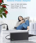 Beefy 5V 15A 75W AC To DC Power Supply for LED Pixel Strips on table, with woman relaxing on sofa in background.