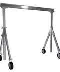 Heavy Duty Welded Aluminum Adjustable Height Gantry Crane With Smooth Rolling Pneumatic Casters Rock Solid 10 Foot Frame side view with wheels