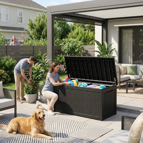 Big Ol 320 Gallon Resin Deck Box Waterproof Outdoor Storage Chest With Lockable Lid UV Resistant For Patio Furniture Pool Accessories