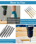 11 Piece Stripped Screw Extractor Set With Left Hand Drill Bits And Bolt Extractors For Removing Damaged Screws Bolts And Studs Quick Change Adapter Included Hex Shank Beast DIY Ready showing usage instructions and components.