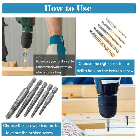 11 Piece Stripped Screw Extractor Set With Left Hand Drill Bits And Bolt Extractors For Removing Damaged Screws Bolts And Studs Quick Change Adapter Included Hex Shank Beast DIY Ready showing usage instructions and components.